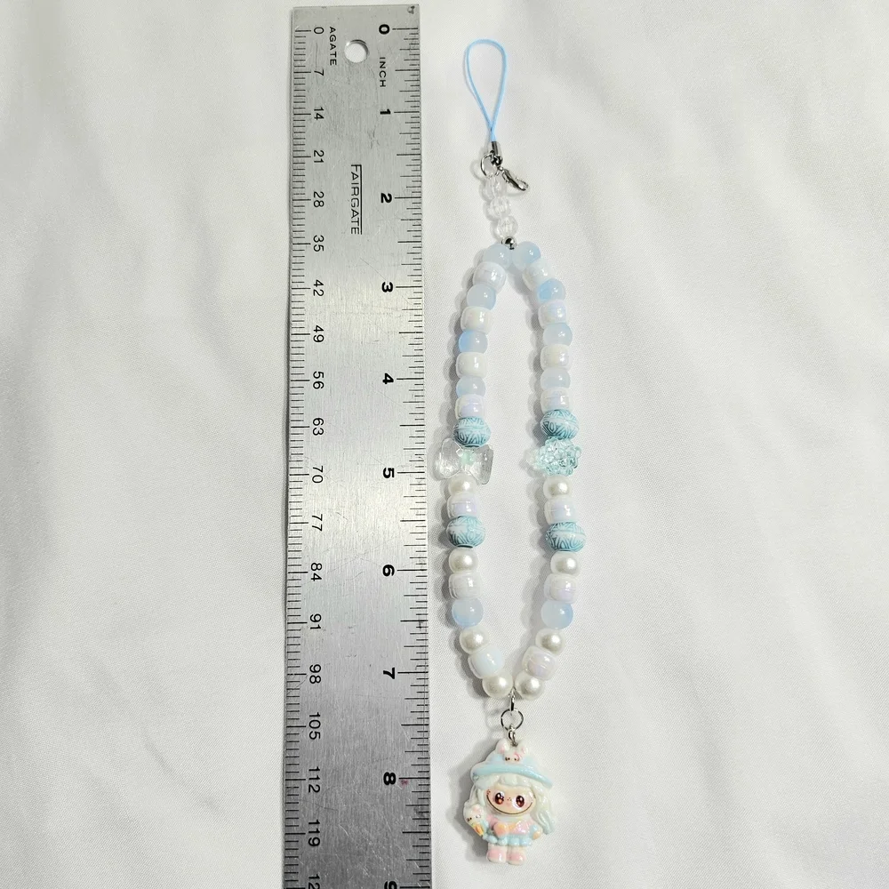 Cute Pastel Blue Girly Dainty Elegant Beaded Labubu Phone Charm or Wrist Strap
